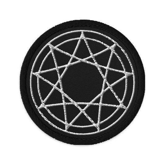 Circular embroidered patch featuring 9 Point Star Pentagram, front view