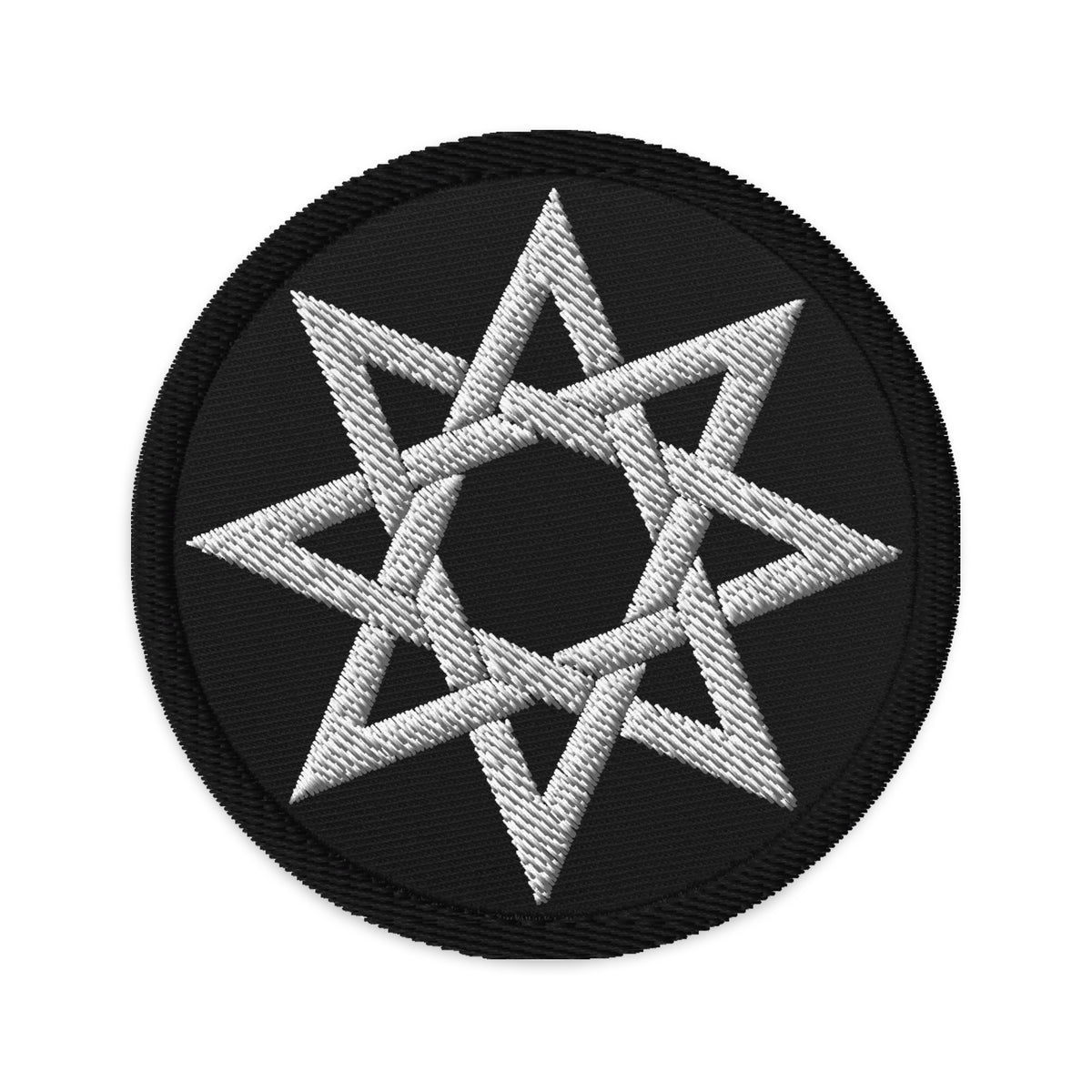 Circular embroidered patch featuring 8 Point Star Octagram Anu God of the Heavens, front view