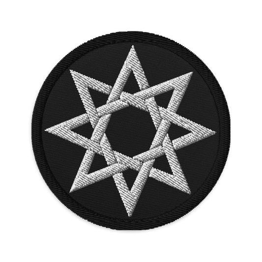 Circular embroidered patch featuring 8 Point Star Octagram Anu God of the Heavens, front view