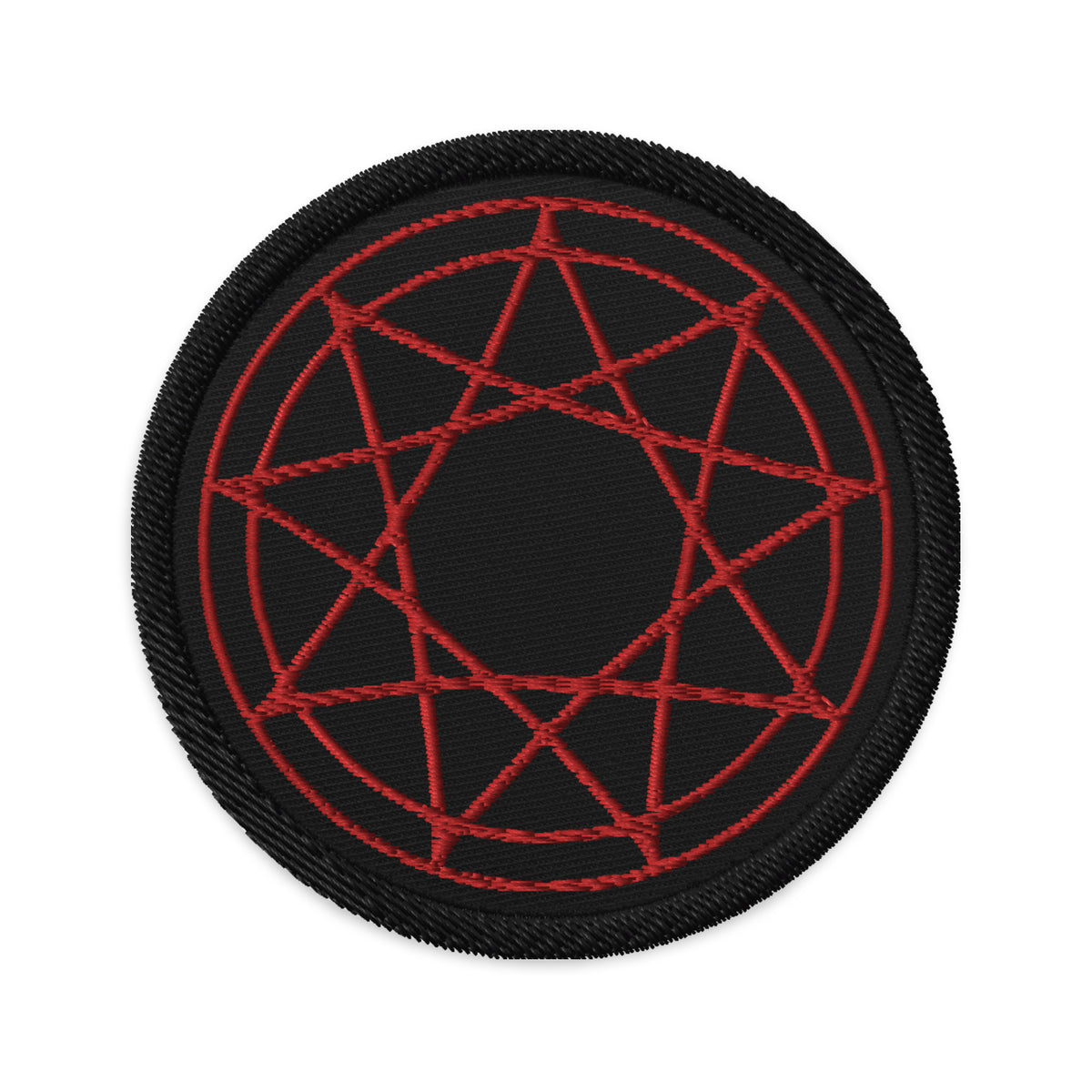 Circular embroidered patch featuring Red 9 Point Star Pentagram, front view