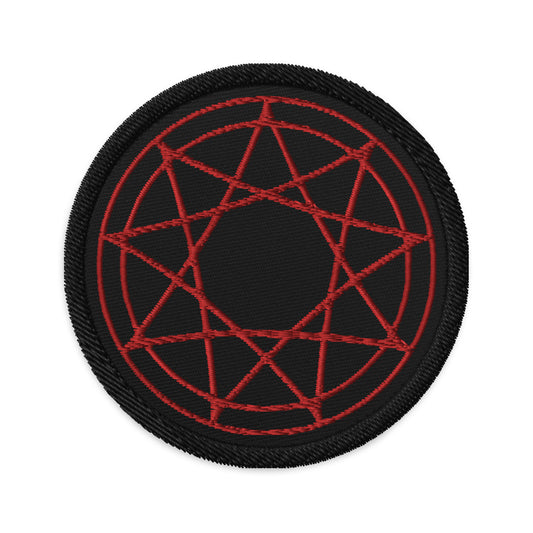 Circular embroidered patch featuring Red 9 Point Star Pentagram, front view