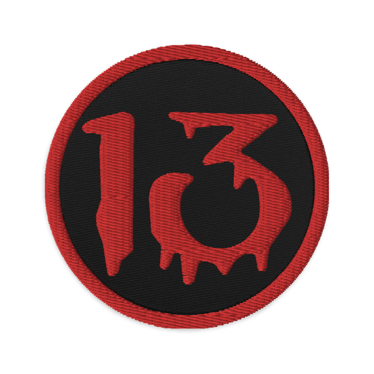 Circular embroidered patch featuring Red Bloody Number 13 Lucky Halloween, front view