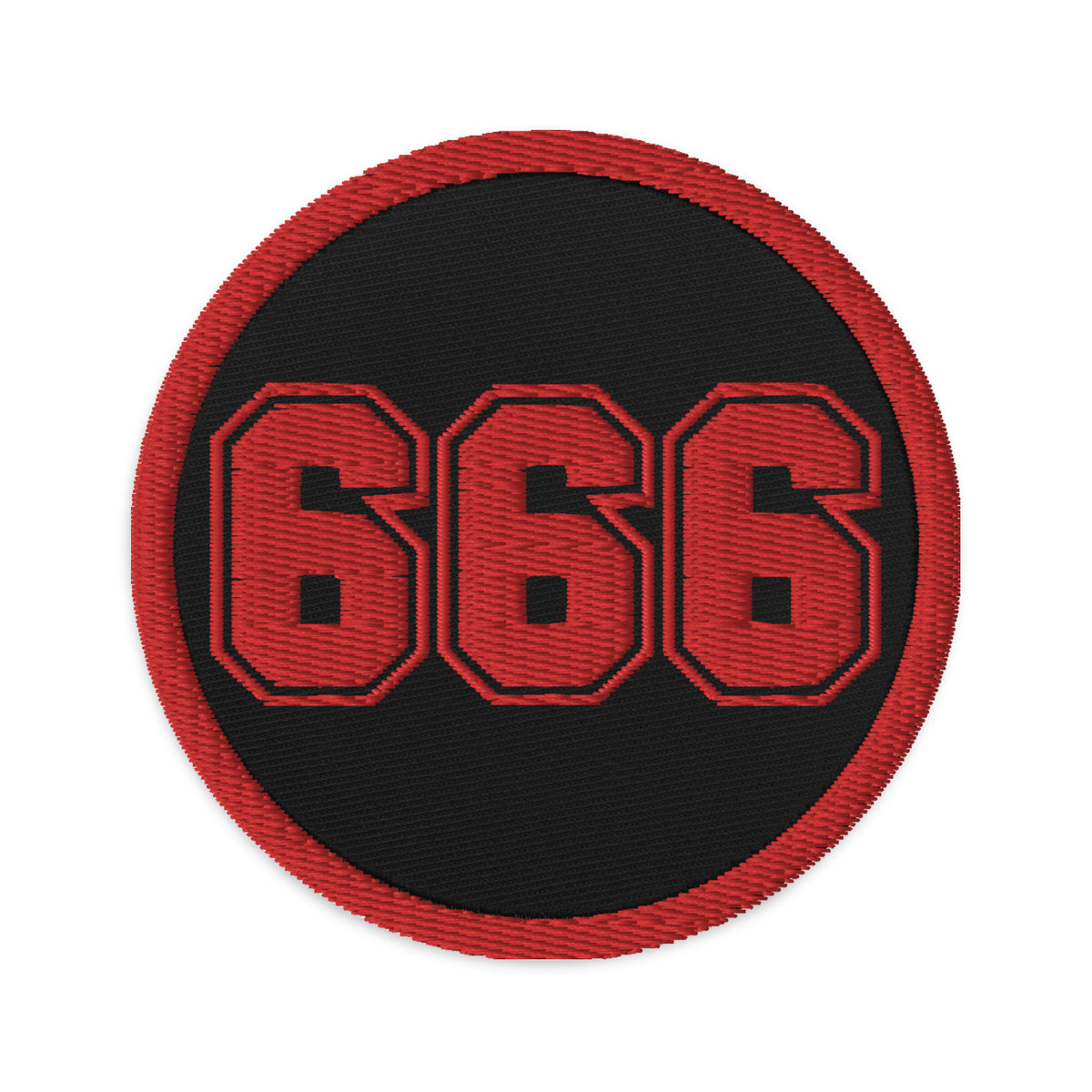 Circular embroidered patch featuring Red 666 The Number of the Beast Evil, front view