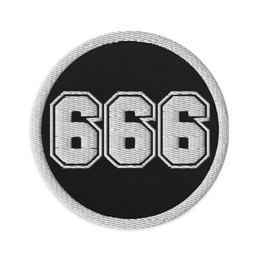 Circular embroidered patch featuring White 666 The Number of the Beast Evil, front view