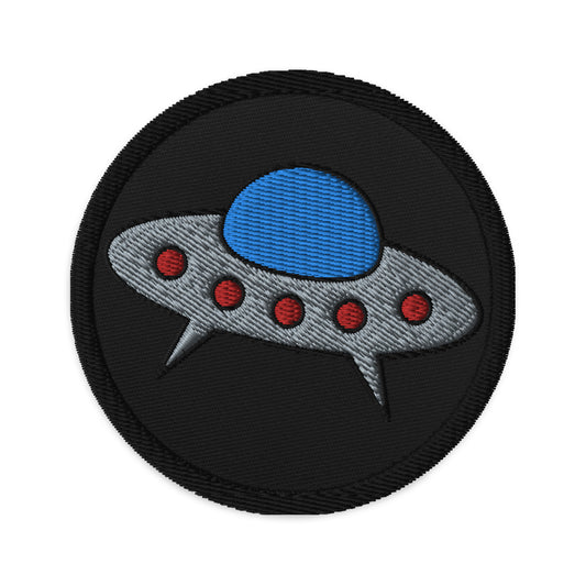 Circular embroidered patch featuring Space Alien Ship UFO Flying Saucer, front view
