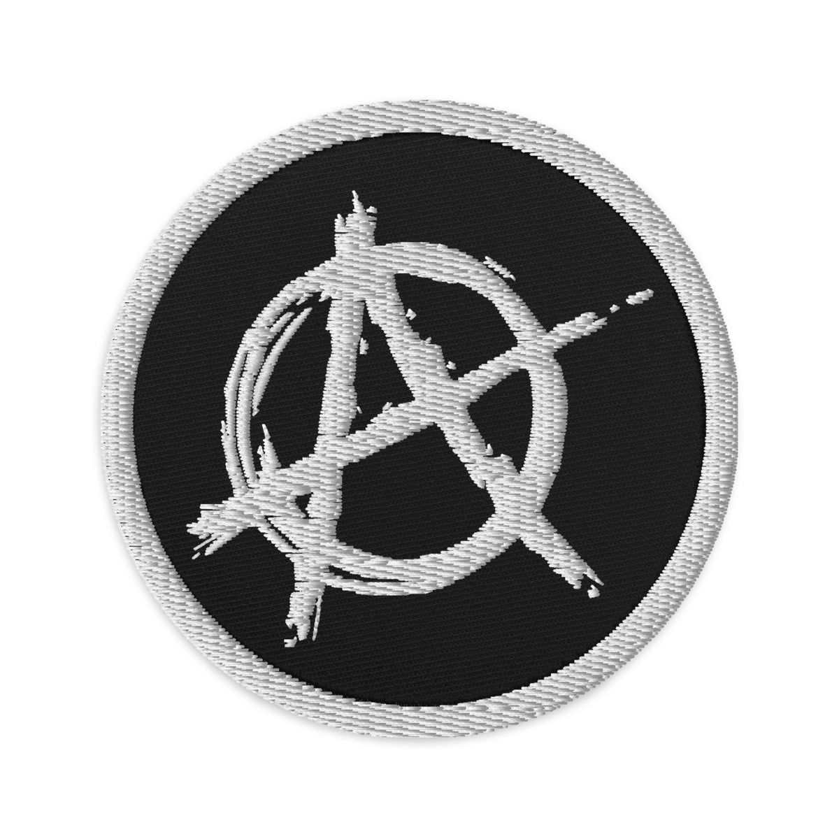 Circular embroidered patch featuring White Anarchy Sign Punk Chaos and Rock n' Roll, front view