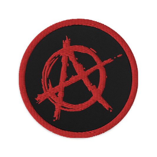Circular embroidered patch featuring Red Anarchy Sign Punk Chaos and Rock n' Roll, front view