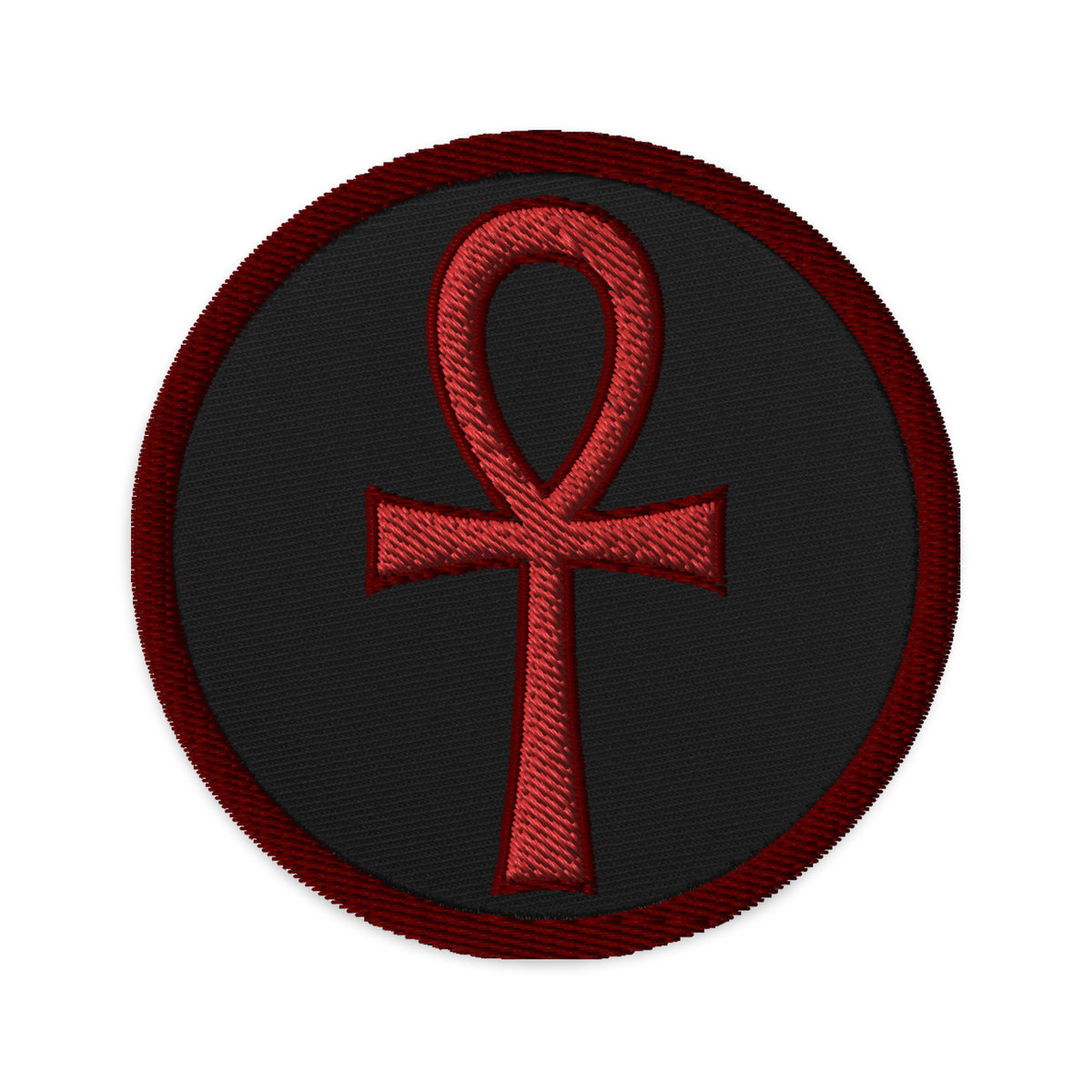 Circular embroidered patch featuring Red The Key of Life Ankh Ancient Egyptian Culture, front view