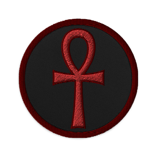 Circular embroidered patch featuring Red The Key of Life Ankh Ancient Egyptian Culture, front view