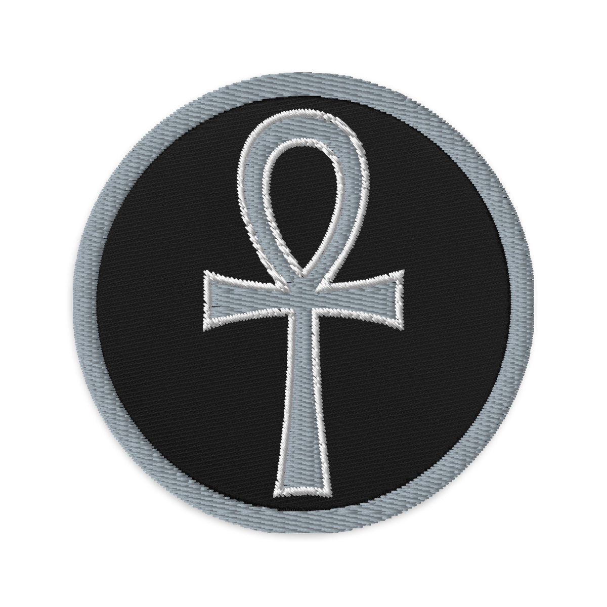 Circular embroidered patch featuring Grey The Key of Life Ankh Ancient Egyptian Culture, front view