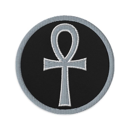 Circular embroidered patch featuring Grey The Key of Life Ankh Ancient Egyptian Culture, front view