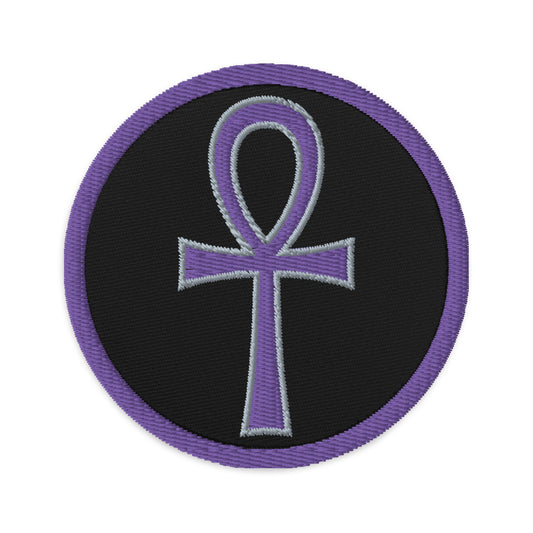 Circular embroidered patch featuring Purple The Key of Life Ankh Ancient Egyptian Culture, front view