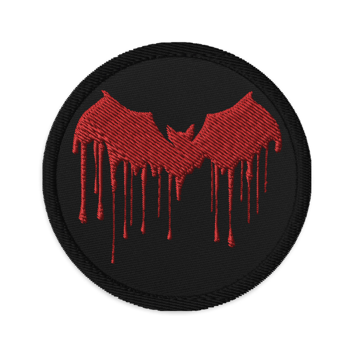 Circular embroidered patch featuring Red Vampire Bat Blood Drip, front view