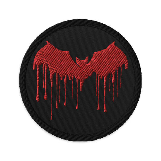 Circular embroidered patch featuring Red Vampire Bat Blood Drip, front view