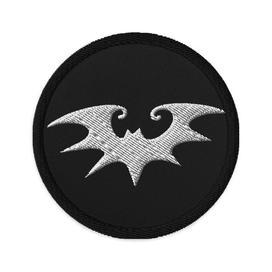 Circular embroidered patch featuring Spooky Goth Vampire Bat, front view