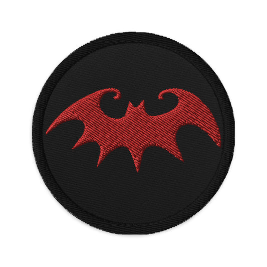 Circular embroidered patch featuring Whimsical Halloween Vampire Bat, front view