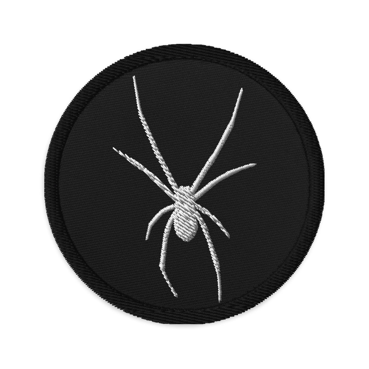 Circular embroidered patch featuring White Arachnid Creepy Black Widow Spider, front view
