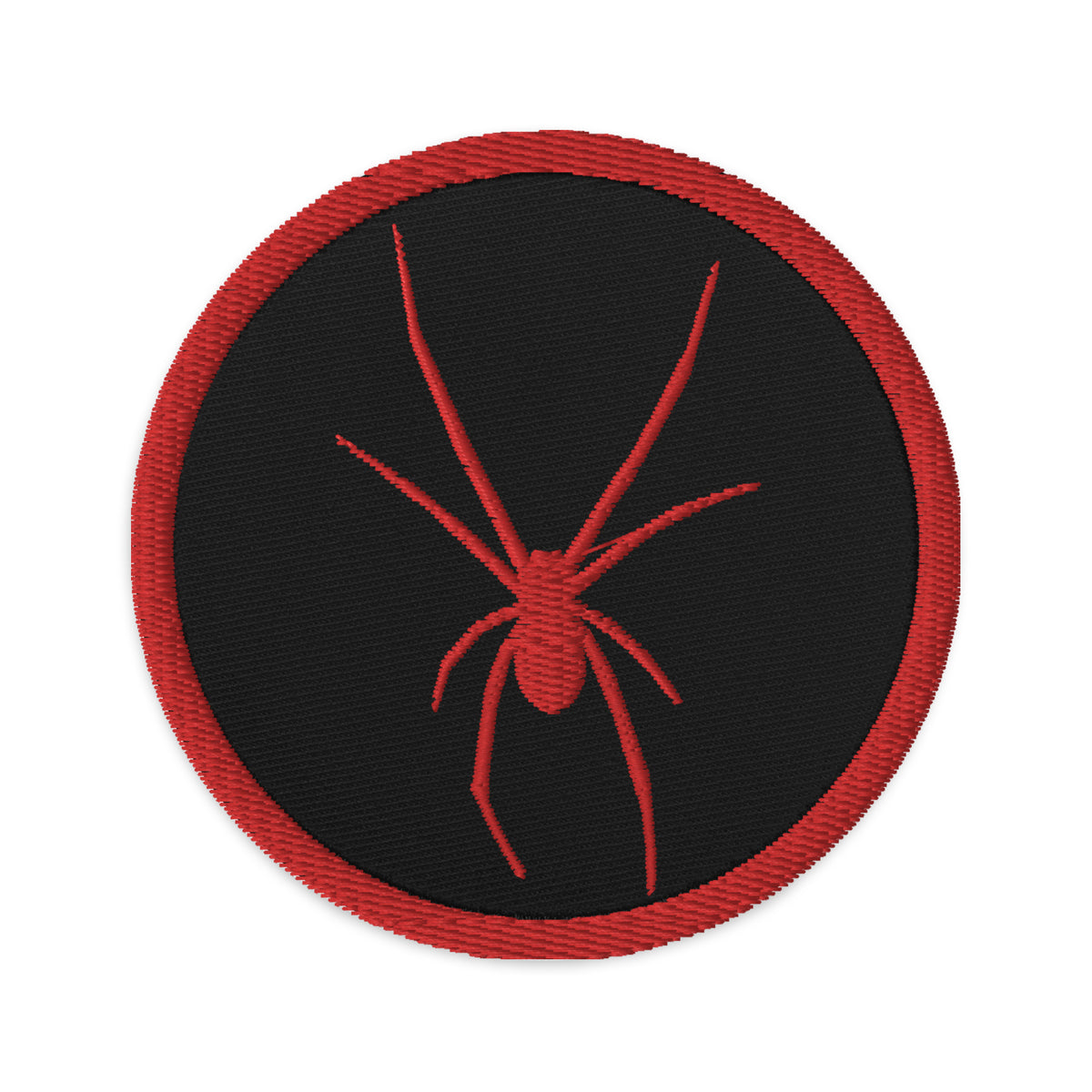 Circular embroidered patch featuring Red Arachnid Creepy Black Widow Spider, front view