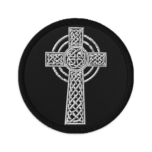 Circular embroidered patch featuring Old Celtic Cross Circle of Light, front view