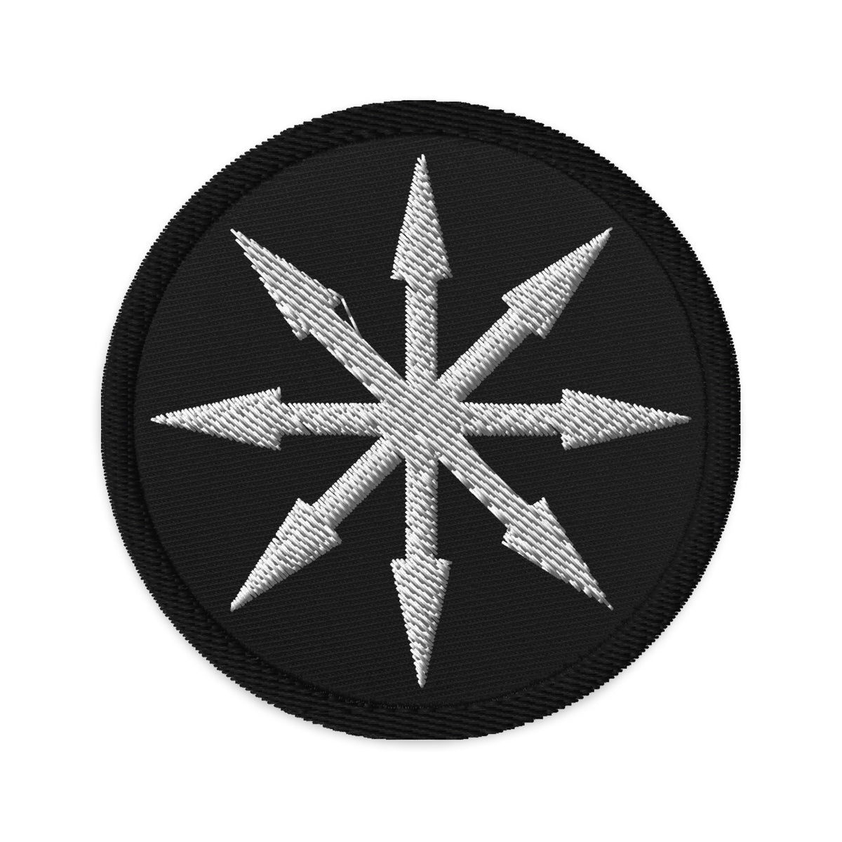 Circular embroidered patch featuring The Symbol of Chaos, front view