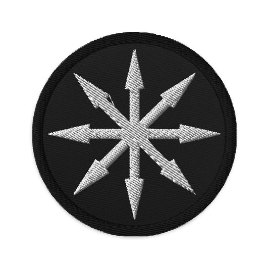 Circular embroidered patch featuring The Symbol of Chaos, front view