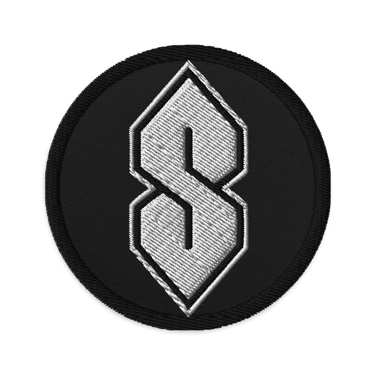 Circular embroidered patch featuring White Cool S, Graffiti S, Middle School S, front view