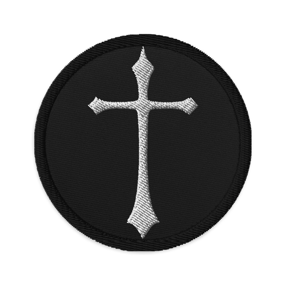 Circular embroidered patch featuring White Gothic Ancient Medeival Cross, front view