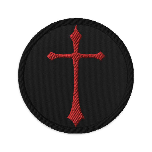 Circular embroidered patch featuring Red Gothic Ancient Medeival Cross, front view
