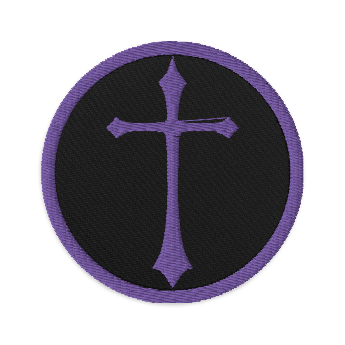 Circular embroidered patch featuring Purple Gothic Ancient Medeival Cross, front view