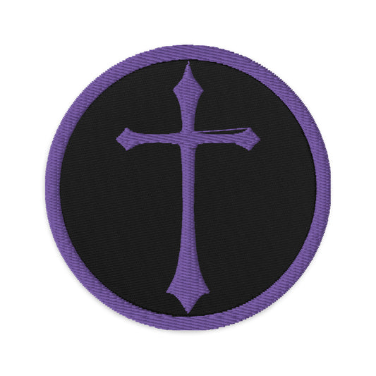 Circular embroidered patch featuring Purple Gothic Ancient Medeival Cross, front view
