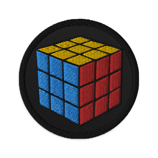 Circular embroidered patch featuring Gaming Speed Cube Puzzle Box, front view