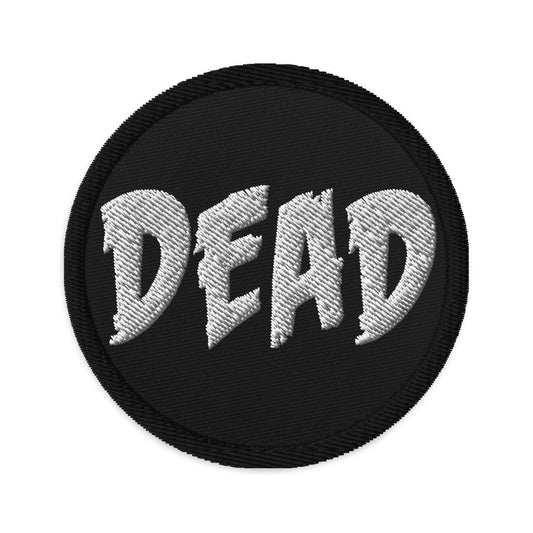 Circular embroidered patch featuring White DEAD Emotional Depression, front view
