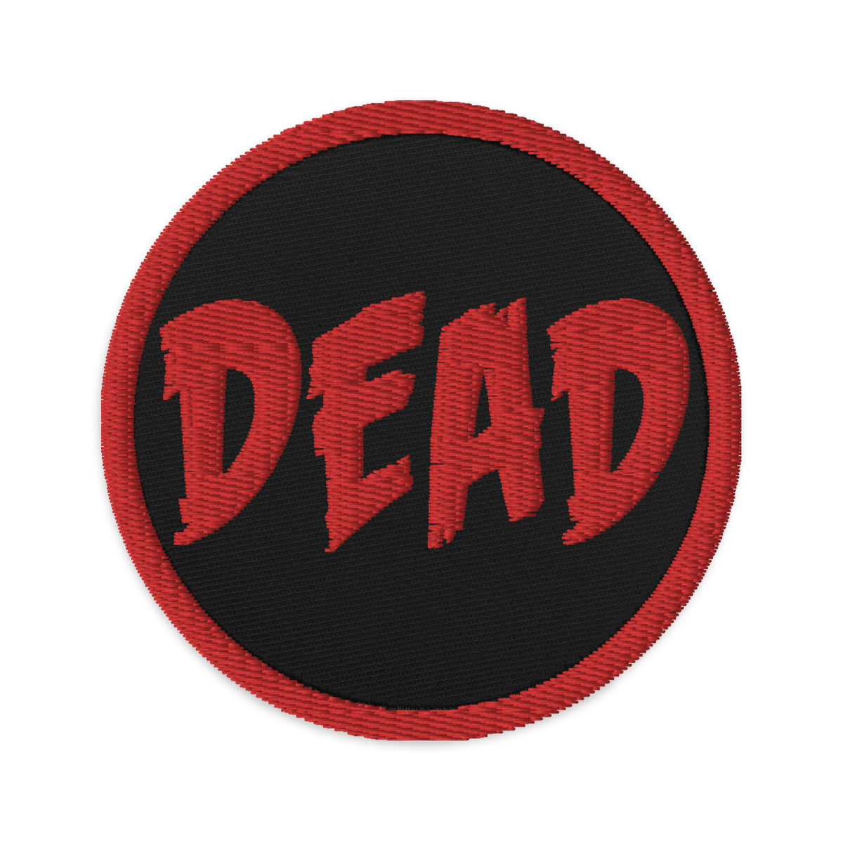 Circular embroidered patch featuring Red DEAD Emotional Depression, front view