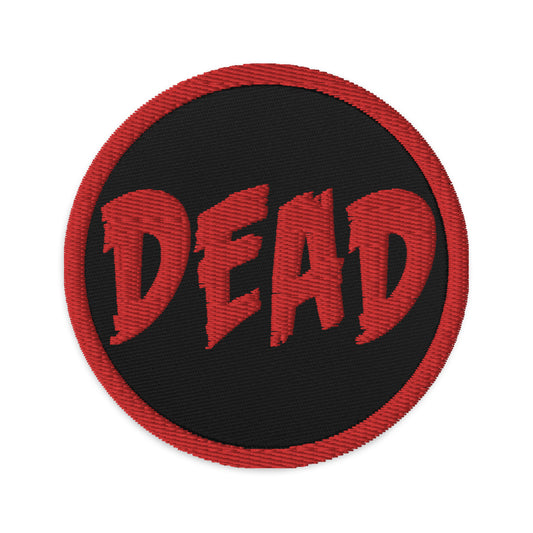 Circular embroidered patch featuring Red DEAD Emotional Depression, front view