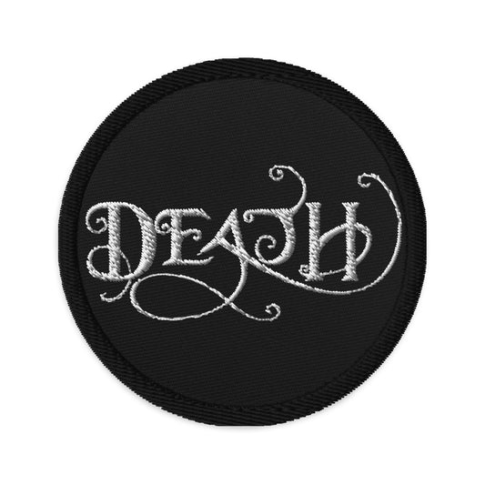 Circular embroidered patch featuring Death - This is the End, front view