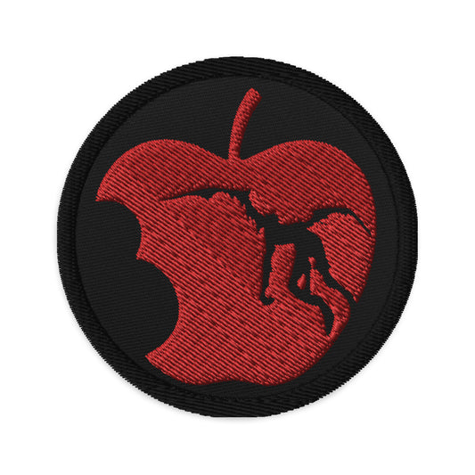 Circular embroidered patch featuring Red Apple Eaten by Ryuk, front view