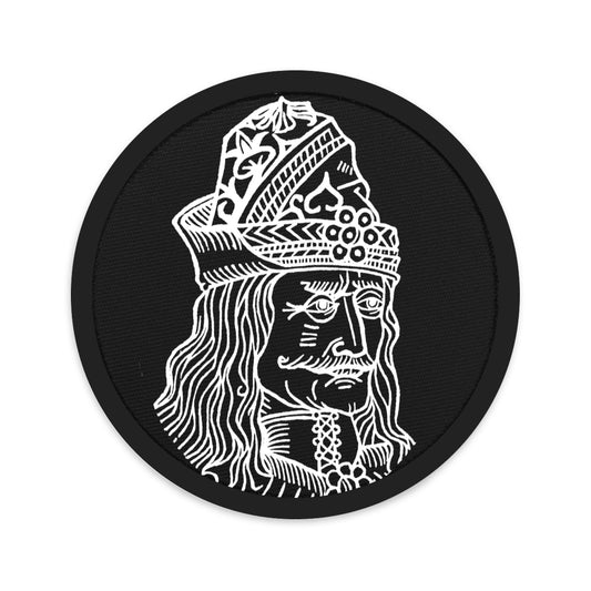 Circular embroidered patch featuring White Vlad the Impaler Infamous Vampire from Romania, front view
