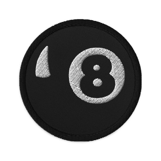 Circular embroidered patch featuring 8 Ball Pool Billiards, front view