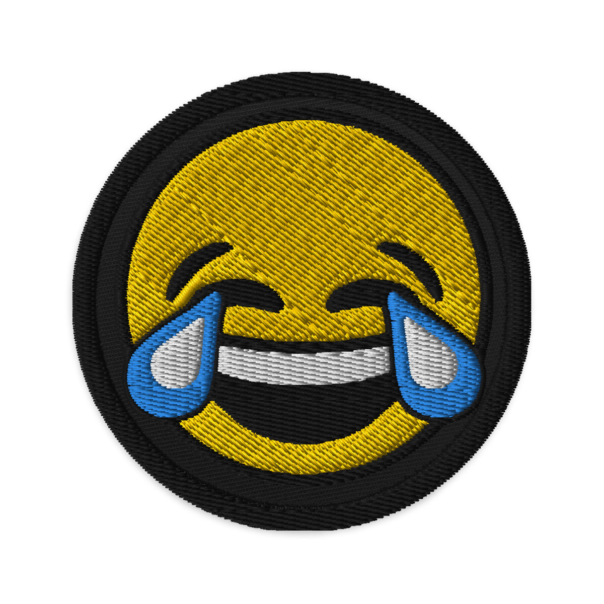 Circular embroidered patch featuring Tears of Joy Emoji, front view