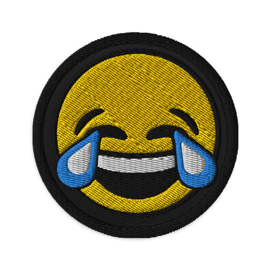 Circular embroidered patch featuring Tears of Joy Emoji, front view
