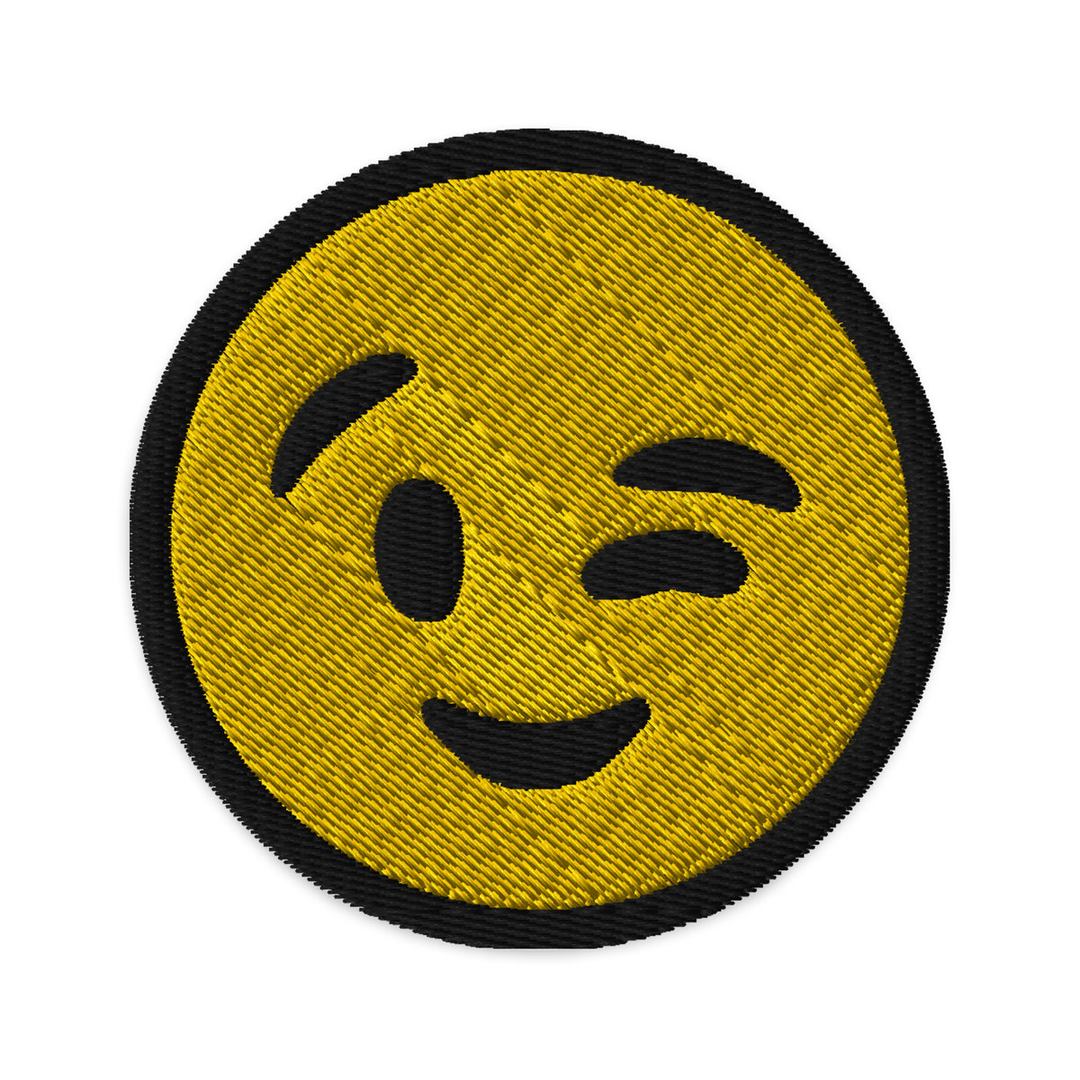 Circular embroidered patch featuring Winking Face Emoji, front view