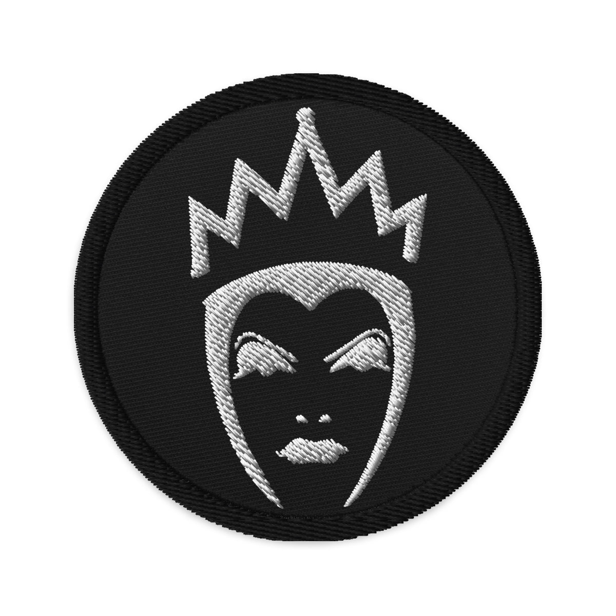 Circular embroidered patch featuring Evil Queen, front view