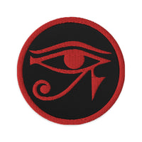 Circular embroidered patch featuring Red Eye of Ra Egyptian God, front view