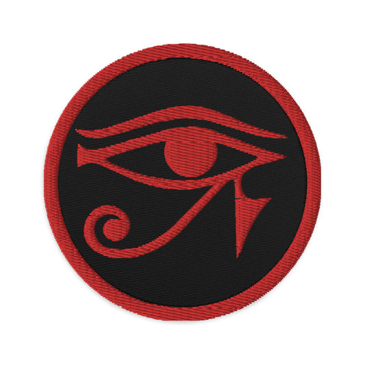 Circular embroidered patch featuring Red Eye of Ra Egyptian God, front view