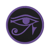 Circular embroidered patch featuring Eye of Ra Egyptian Goddess, front view