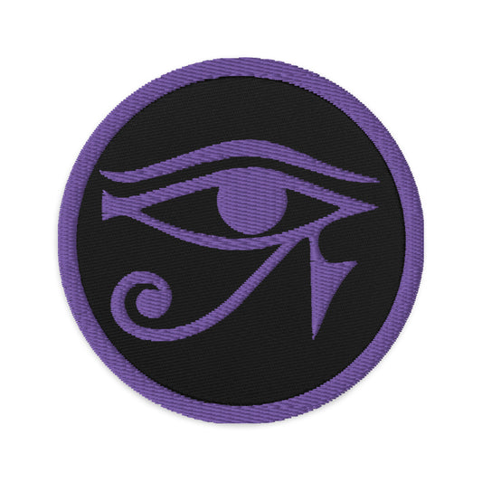 Circular embroidered patch featuring Eye of Ra Egyptian Goddess, front view