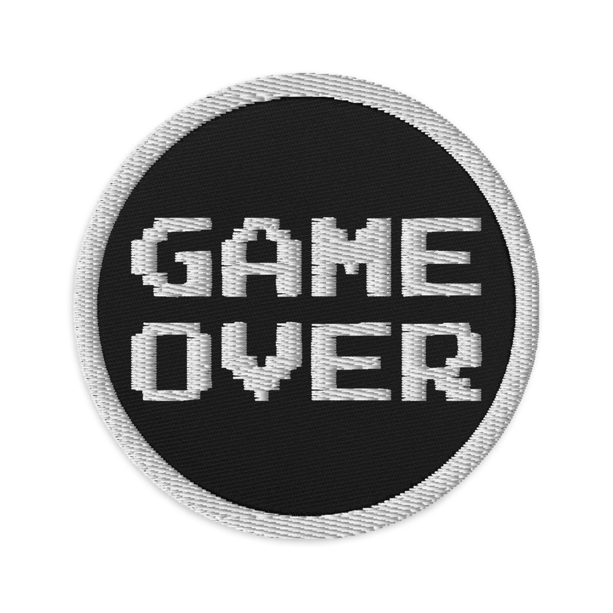 Circular embroidered patch featuring Game Over 8 Bit, front view