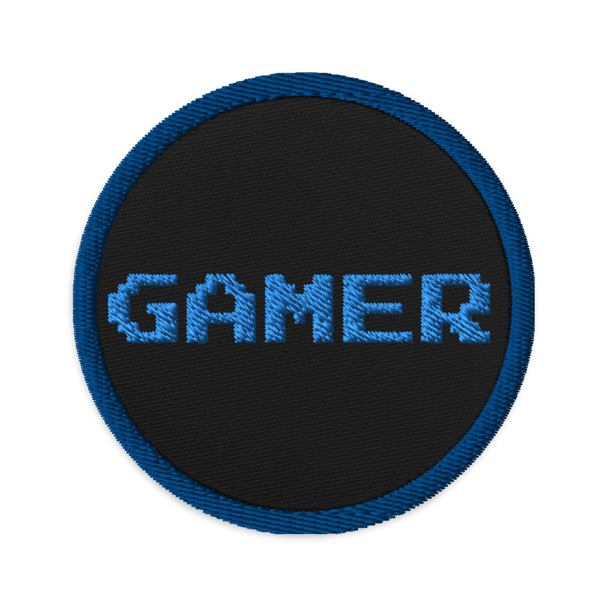 Circular embroidered patch featuring 8 Bit Gamer, front view