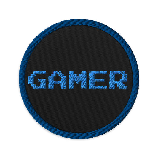 Circular embroidered patch featuring 8 Bit Gamer, front view