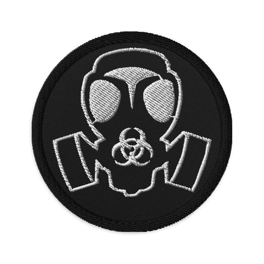 Circular embroidered patch featuring Bio Hazard Gas Mask, front view